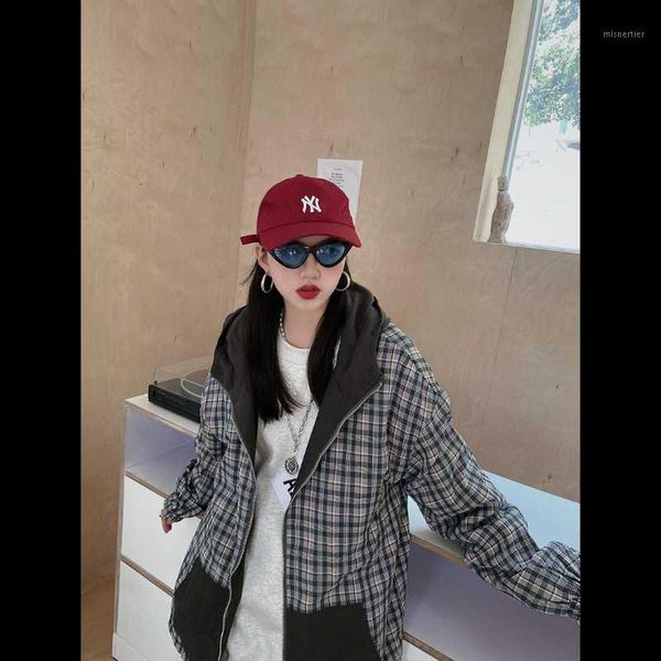 

women's jackets coats autumn of 2021, the design color matching checkered hooded front and back double bf trend, Black;brown