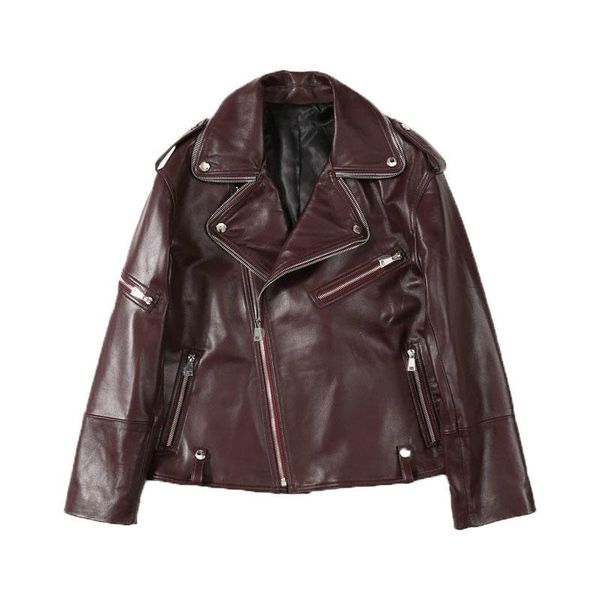 

women's leather & faux autumn 2021 self-cultivation commuting zipper collar sheepskin long sleeve jacket wine red black apricot
