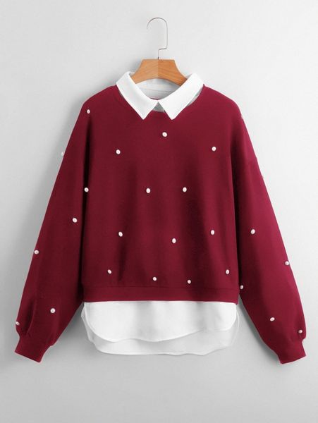 

drop shoulder pearls beaded 2 in 1 pullover l8le#, White;black