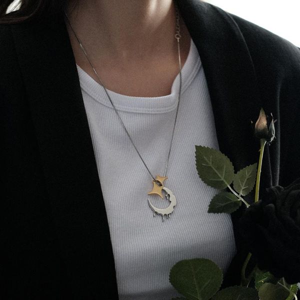 

chains 2021 trendy punk vintage gold silver contrast stars moon simple titanium steel necklace for women men girls party jewelry