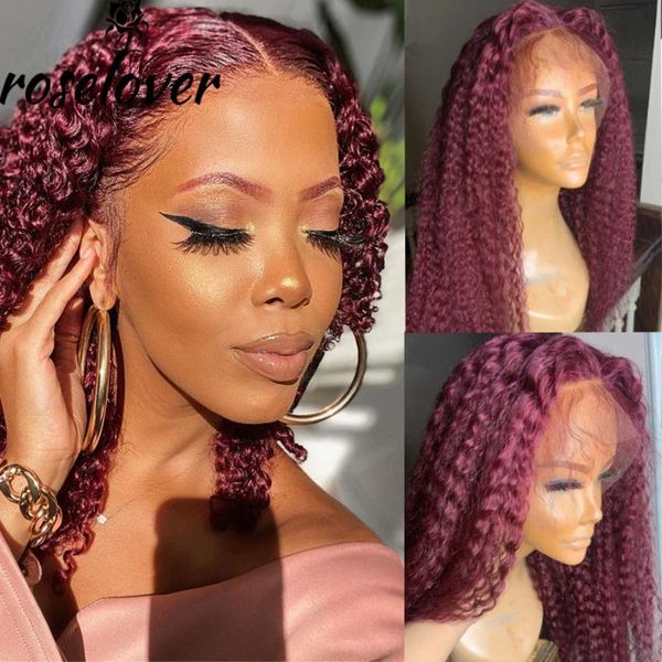 

lace wigs 99j transparent human hair kinky curly burgundy deep wave preplucked with baby bleached knots brazilian remy, Black;brown