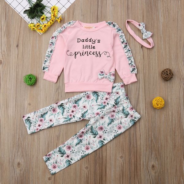 

autumn winter cute pretty infant baby girls clothes 3pcs ruffles sleeve letter floral pink pullover +pants+headband, White