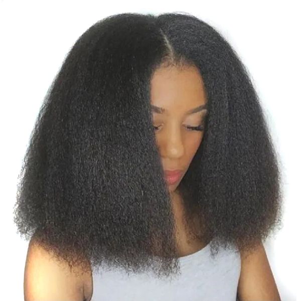 

14inch 200density short bob kinky straight wig glueless natural black hair wigs yaki straight lace front wig middle part pre plucked with ba, Black;brown