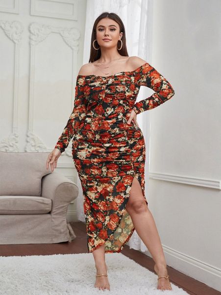 

plus floral print transparent strap asymmetrical hem ruched mesh dress x87e#, Black