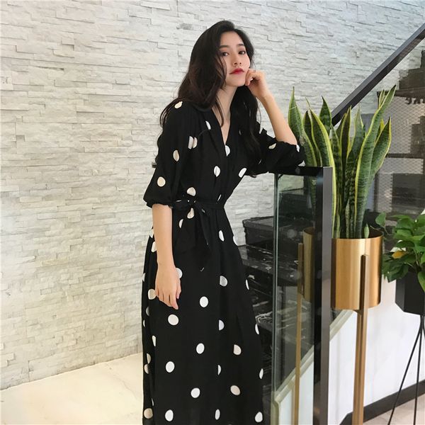 

summer women boho dress korean fashion v-neck ladies long dress casual half sleeve dot dress female holiday beach, Black;gray