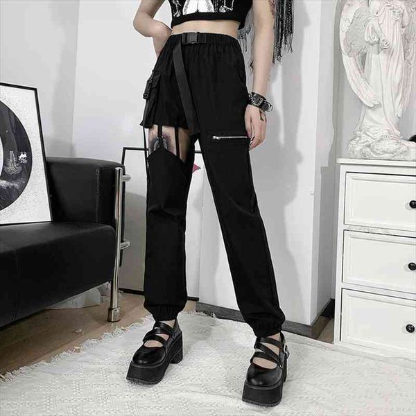 

vintage fashion loose womens capri hollow out solid retro high waist splice zipper cargo casual streetwear trouser, Black;white