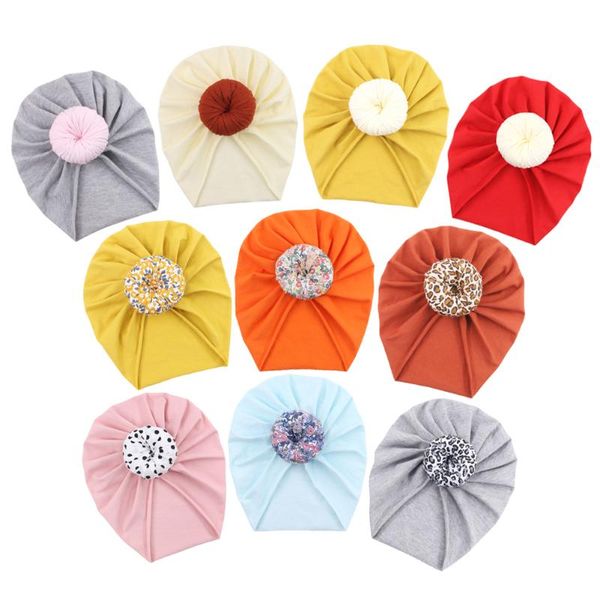 

caps & hats solid pure cotton baby flower leopard print donuts beanies infant bonnet soft fabric headwraps fashion hair accessories, Yellow