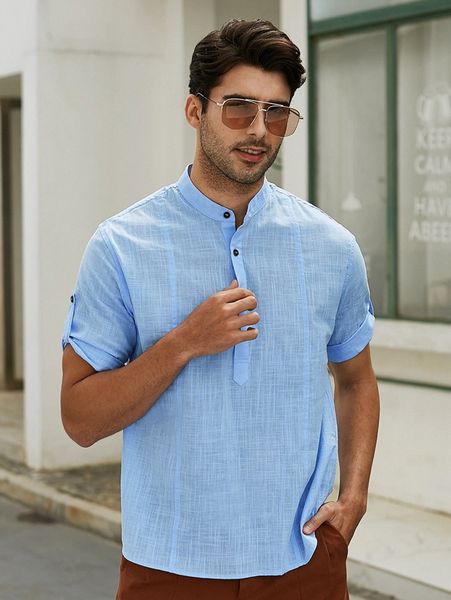 

men half button roll up sleeve shirt t7fw#, White;black