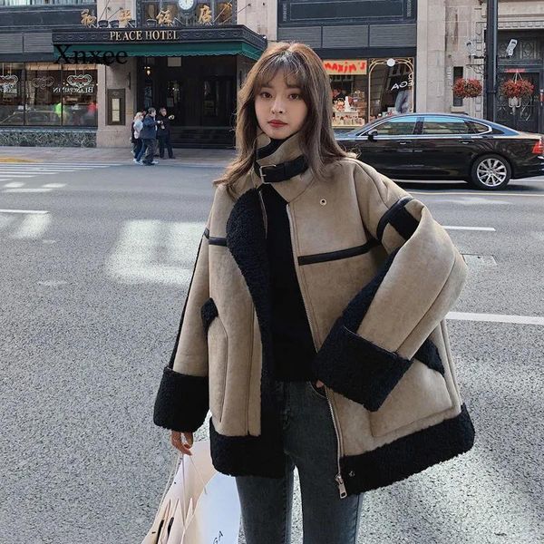 

women's fur & faux lamb wool coat patchwork winter luxury vintage women korean fashion thicken warm motorcycle loose short jacket, Black