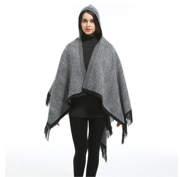 

scarves all-match winter women oversize knitted caps poncho tassel thick sweaters casual scarf batwing sleeve jumper plaid sleeveless, Blue;gray