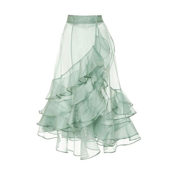 

mint green see thru mermaid skirts women zipper ruffles tiered mid calf wrap tulle maxi skirt summer 210309, Black