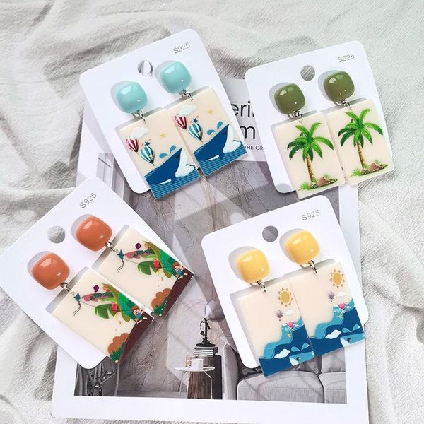 

dangle & chandelier colored painting print geometric earrings elegant korean accessories trendy leopard coconut tree holiday earring, Silver