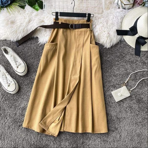 

women skirts high waist casual with sashes pockets solid korean style streetwear loose khaki black blue skirt