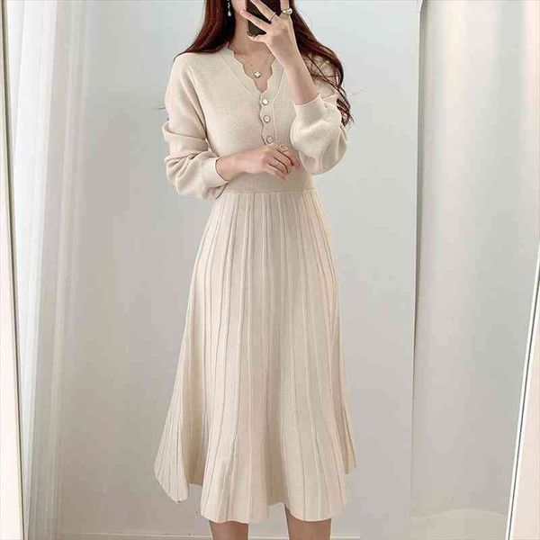 

vintage elegant knitted beige midi dress autumn long sleeve slim woman sweater dresses one-piece woman pleated female, Black;gray
