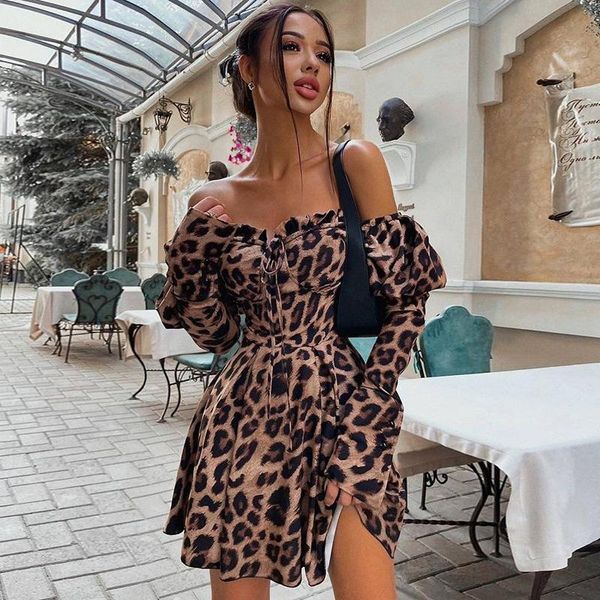 

casual dresses bkld autumn vintage clothes 2021 fashion leopard print patchwork v-neck off shoulder dress club outfits for women, Black;gray