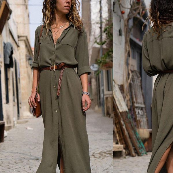 

womens boho maxi dress button summer party beach long sundress solid loose dresses cotton half sleeve, Black;gray