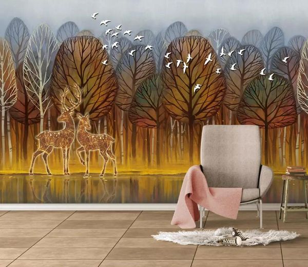 

wallpapers [self-adhesive] 3d deer and flying birds by the forest 184062 wall paper mural print decal murals
