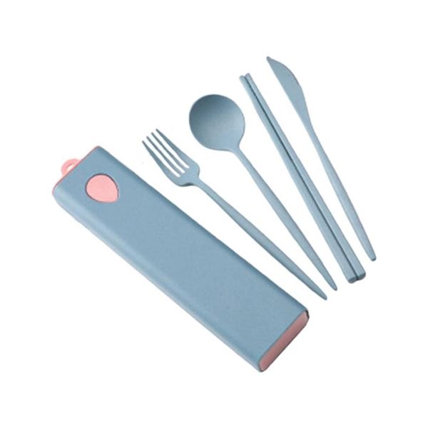 

dinnerware sets storage box tableware wheat straw set travel camping portable cutlery fork chopstick spoon yellow/orange/gree