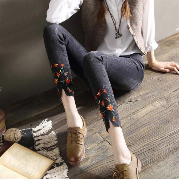 

women's jeans plus size female pencil denim pants mom skinny casual high waist trouser fashion slim stretch flower embroidered for wome, Blue