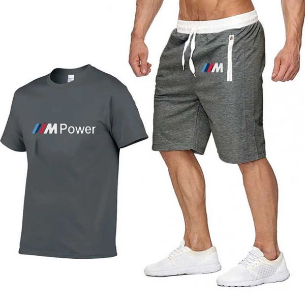 

2021 new brand men's bmw sports shirt fashion summer men's cotton t-shirt + shorts casual suit sportswear men's clothing, Gray