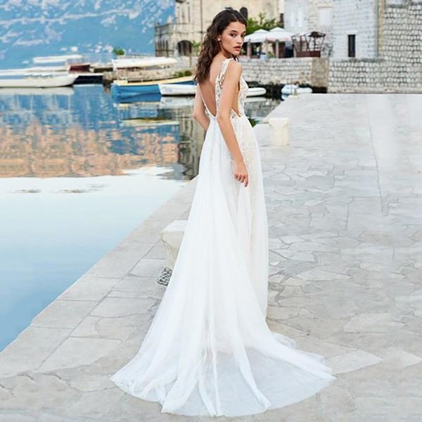 

boho new 2021 es backless spaghetti straps lace beach wedding gowns side split v neck bride robe de mairee 343r, White