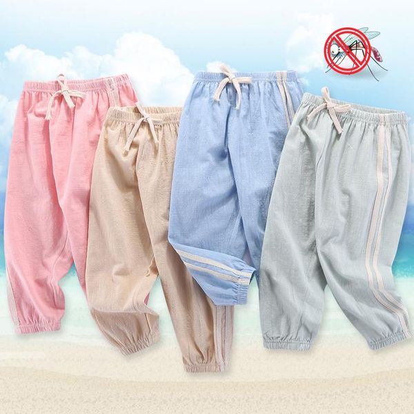 

trousers plus size 12 candy color cool thin anti mosquito loose sport summer kids pants cotton linen baby boys and girls, Blue