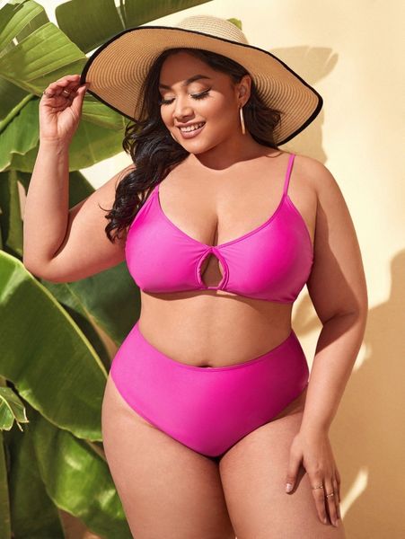 

plus plain cut-out high waisted bikini swimsuit 86nk#, Black