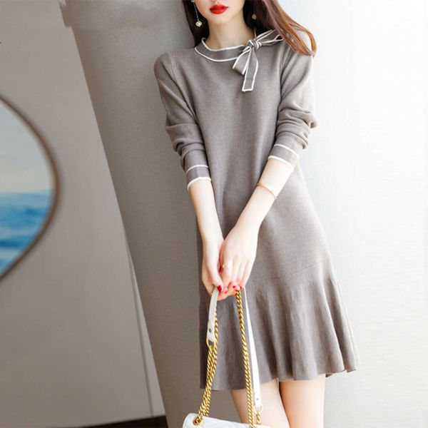 

knitted dress women's long sleeve fall / winter 2020 new french base bow mid length trendy fishtail skirt, Black;gray