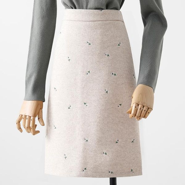 

flower embroidery wool wome skirts high waist a-line knee-length office lady elegant clothing quality, Black