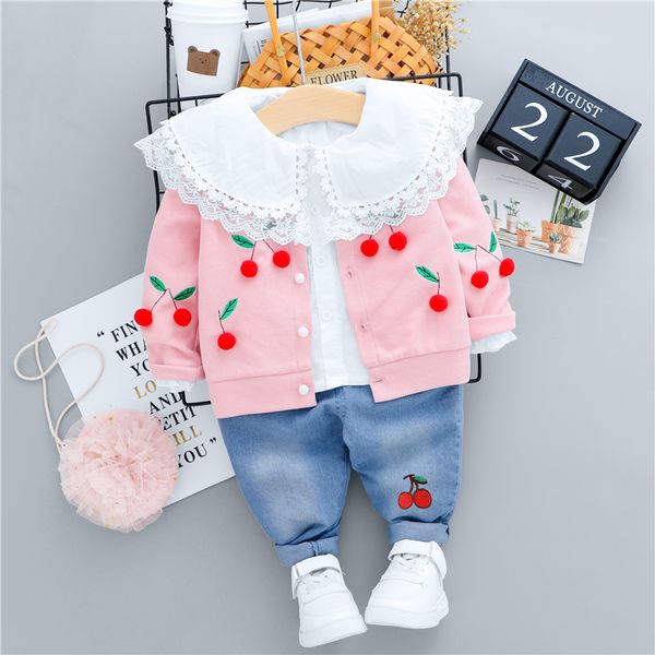 

hylkidhuose baby girls clothing sets autumn lace cherry coats shirt jeans infant newborn clothing children casual clothes 210225, White