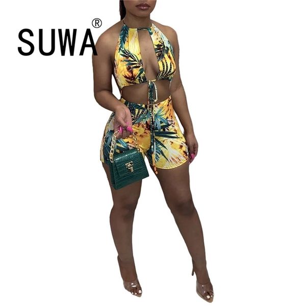 

holiday beach style women leaf printing jumpsuits halter sleeveless lace-up backless short rompers summer arrivals 210525, Black;white