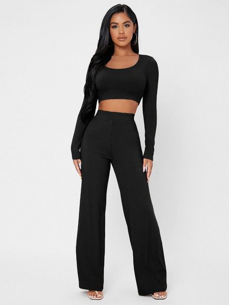 

petite scoop neck rib-knit crop tee & wide leg pants set s0vh#, White