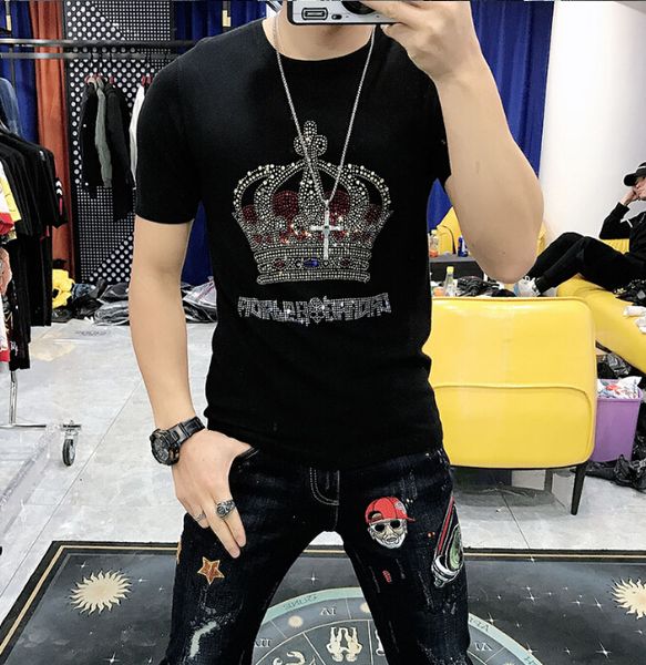 

2021 new design drilling t-shirt men's black cotton short tshirt rhinestone tees shirt male shining lights b0mq, White;black