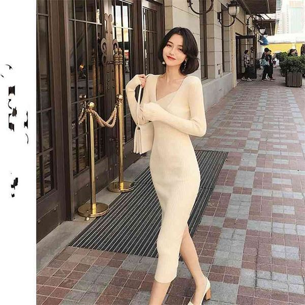 

style inner look thin and long knitted dres autumn winter knitting cotton sheath solid 210603, Black;gray