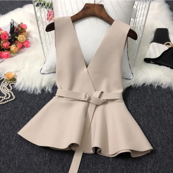 

2021 autumn winter sleeveless women vest coat v-neck slim waist belt woolen vest for women pullover waistcoat female outerwear, Black;white