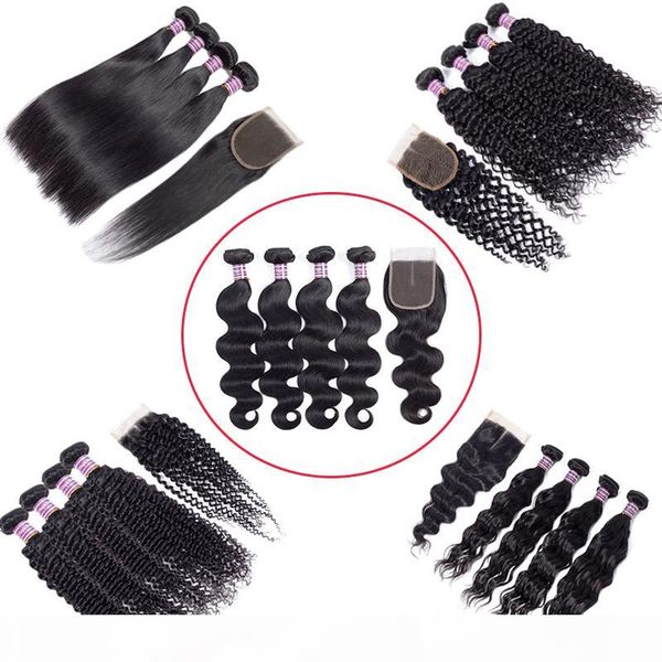

brazilian virgin straight hair bundles with closure curly deep wave human hair bundles unprocessed indian body water wave hair extensions, Black;brown