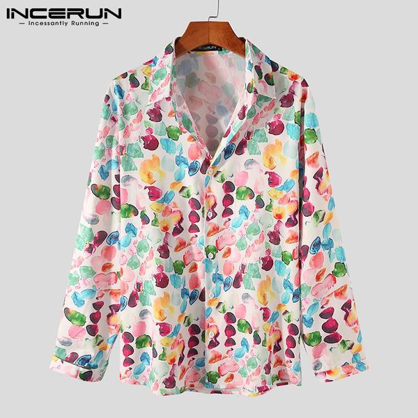 

incerun man casual button lapel neck chemise streetwear men leisure long sleeve shirts 2021 fashion hawaiian printed blouse 5xl, White;black