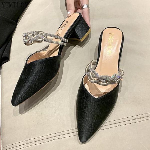 

slippers fashion women pointed toe leather rhinestone design slip on party summer pumps mules shoes ytmtloy zapatos mujer, Black
