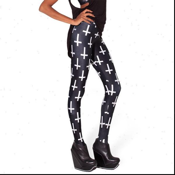 

modis women high elastic leggings with white crosses girls fashion casual legging tenths pants drop shipping, Black