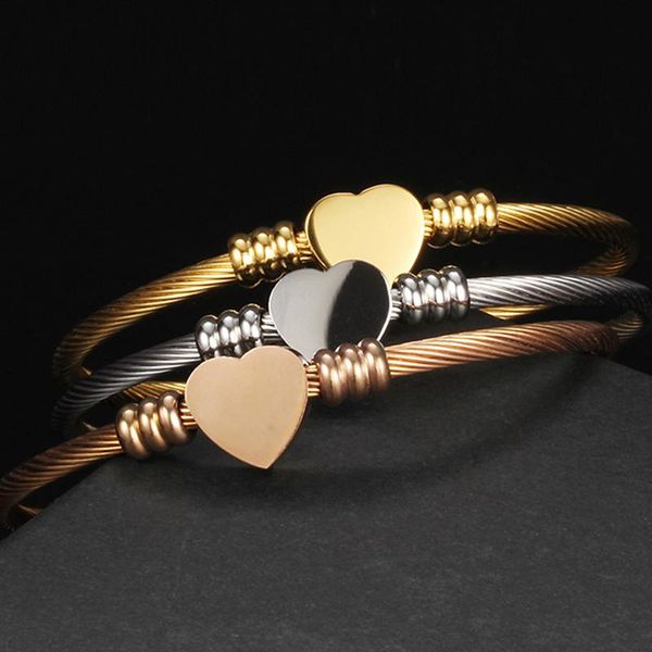 

charm bracelets fashion 3 colors jewelry women's bijoux bangles stainless steel twisted cable wire heart bracelet bangle for gift desig, Golden;silver