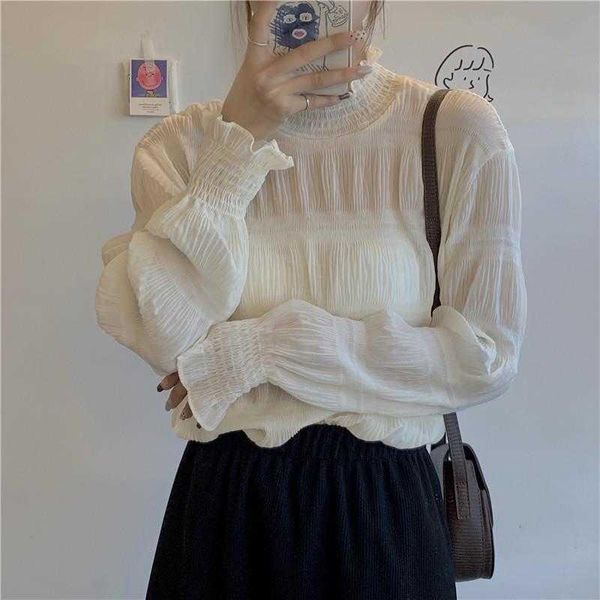 

women's blouses & shirts women turtleneck folds flare sleeve casual loose chiffon white elegance korean femme streetwear