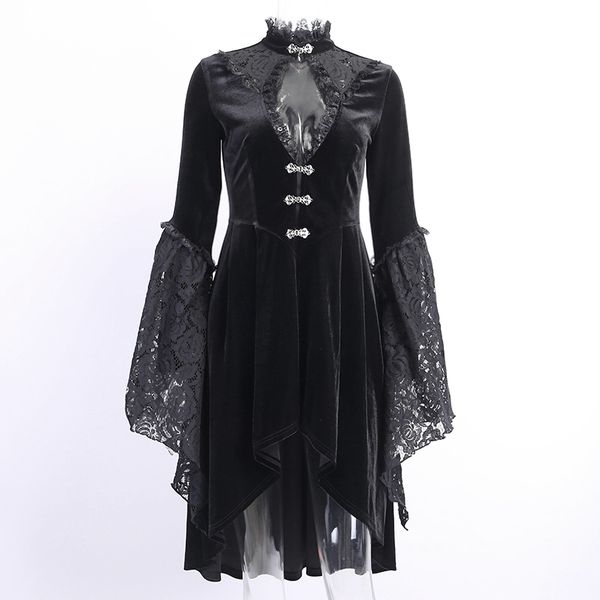 

vintage lace long sleeve patchwork button party dress goth dark palace style flare sleeve hollow out dress, Black;gray