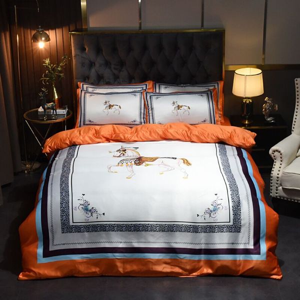 

fashion white designer bedding sets horse printed silk duvet cover luxury  king size bed sheet pillowcases comforters set