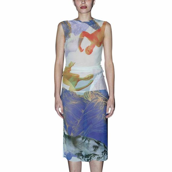 

casual dresses women's bodycon midi dress, sleeveless round neck sheer mesh sculpture print split dress 2021 party, Black;gray
