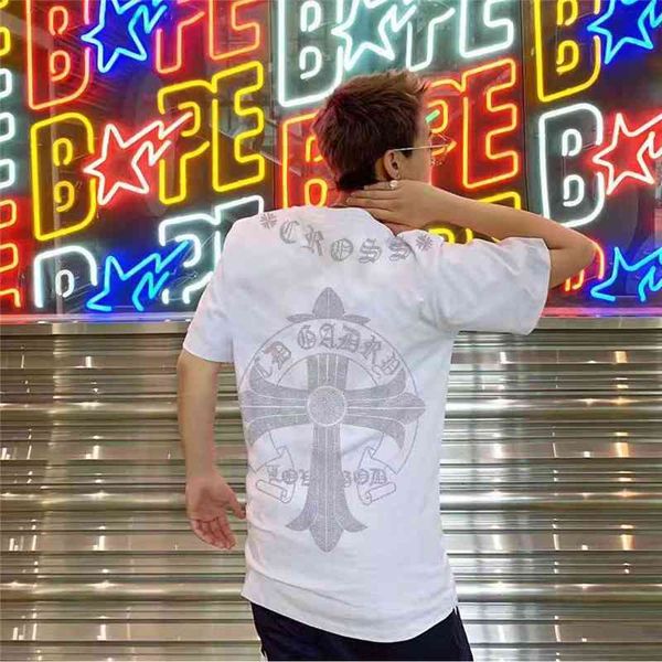 

crosin ins brand chrome/hearts bette diamond cross fashion big horseshoe sanskrit loose short sleeve t-shirt for, White;black