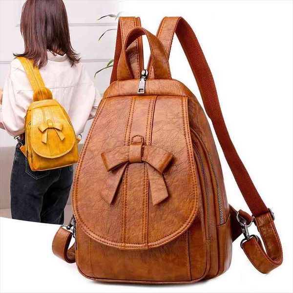 

women backpack oil wax leather multi function bow female chest shoulder bag lady travel bagpack mochila for teenage girl backbag