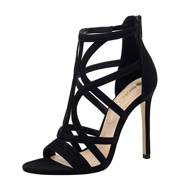 

sandals 2021 european and american roman style fish mouth high heel suede hollow summer 9.5cm heels, Black