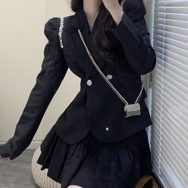 

two piece dress women set long sleeve button slim fit bubble suit coat black, White