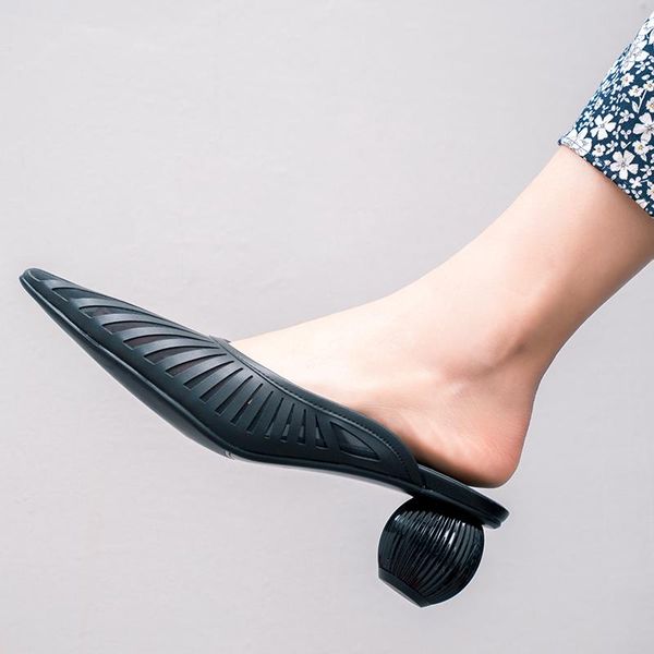 

dress shoes size 33-40 summer women leather sandals fashion pointed toe slippers solid square low heels footwear, Black