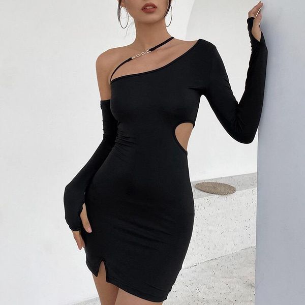 

casual dresses long sleeve black bodycon bandage dress one shoulder hollow mini celebrity party irregular wrap fall 2021 women, Black;gray